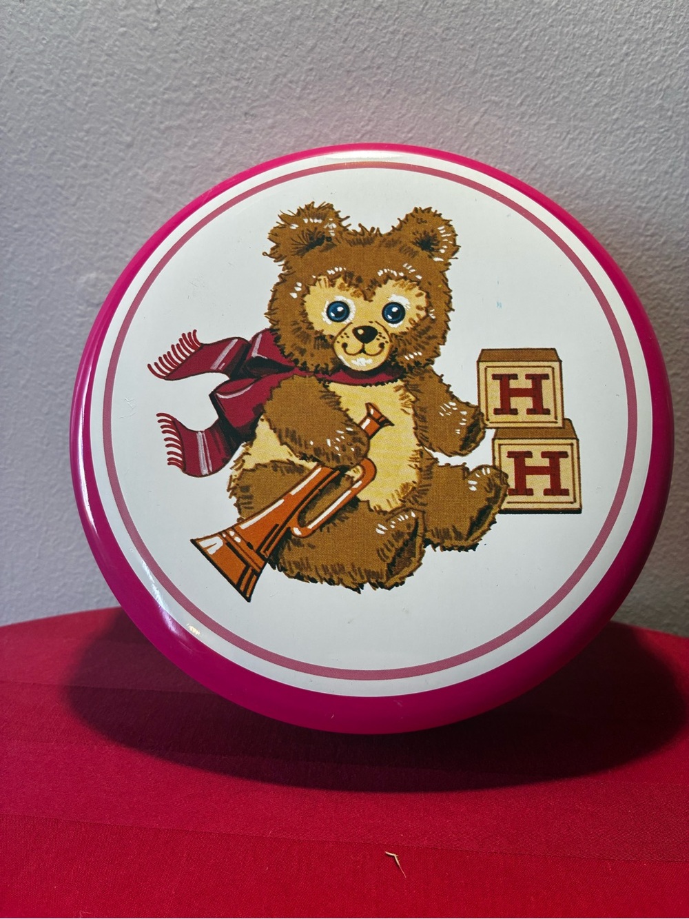 Vintage Hickory Hills Teddy Bear Tin Pink Round Storage Canister 5.5”